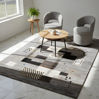 Gabbeh rug 235x171 cm, light gray with black and beige block patterns