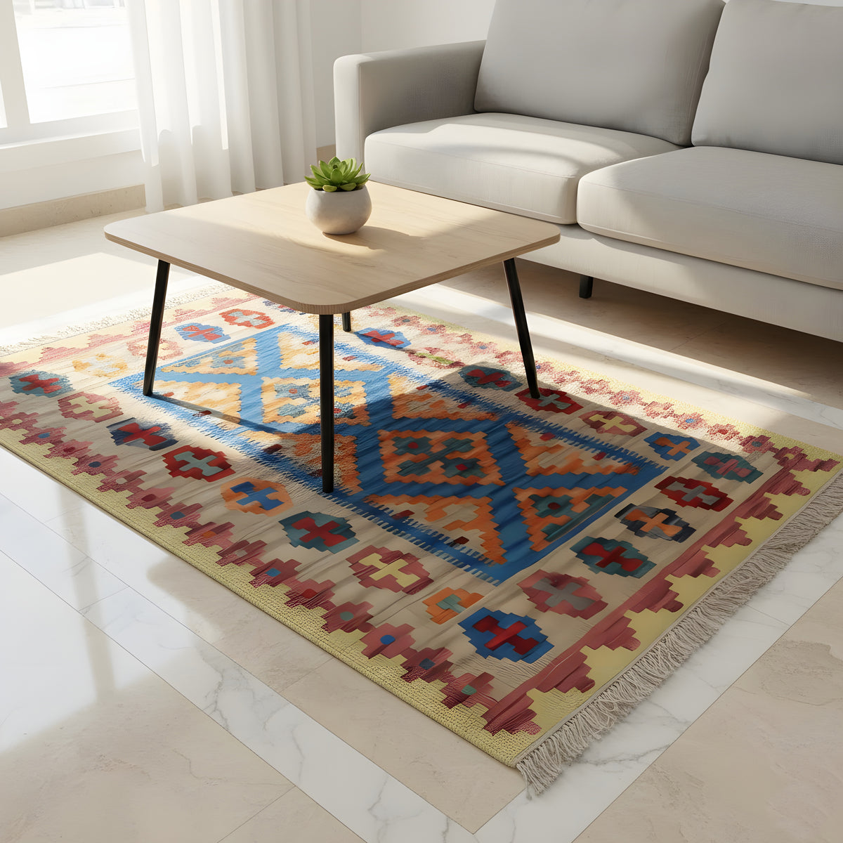 Beige kilim rug with a blue-orange geometric pattern, red and green cross motifs, fringes