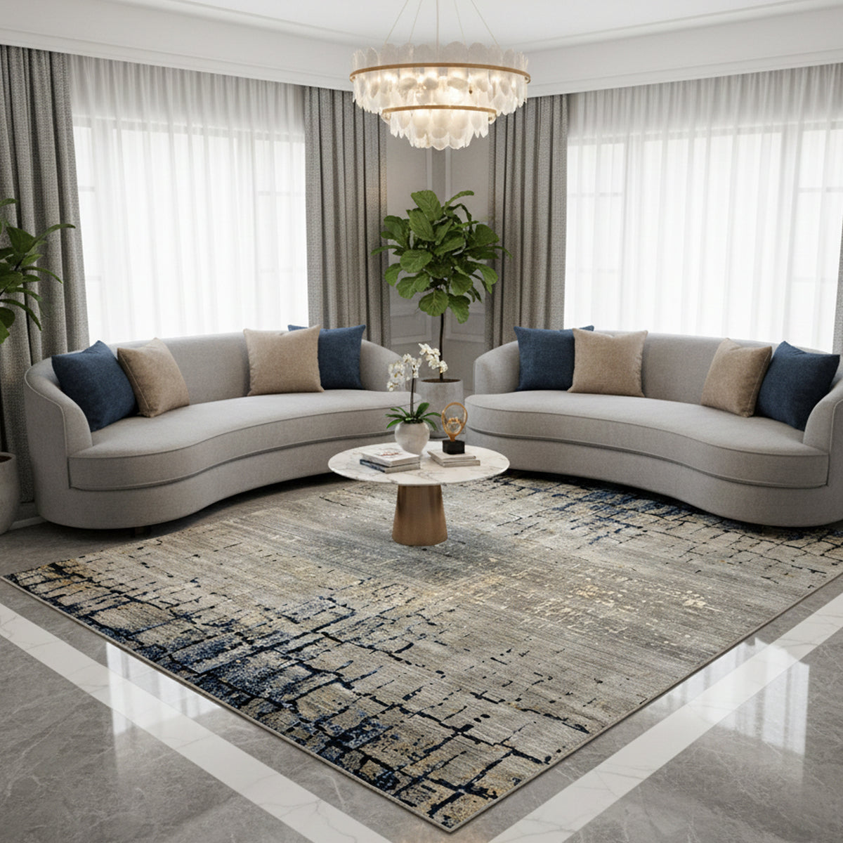 Hand-knotted rug with an abstract blue-gray pattern for the living area