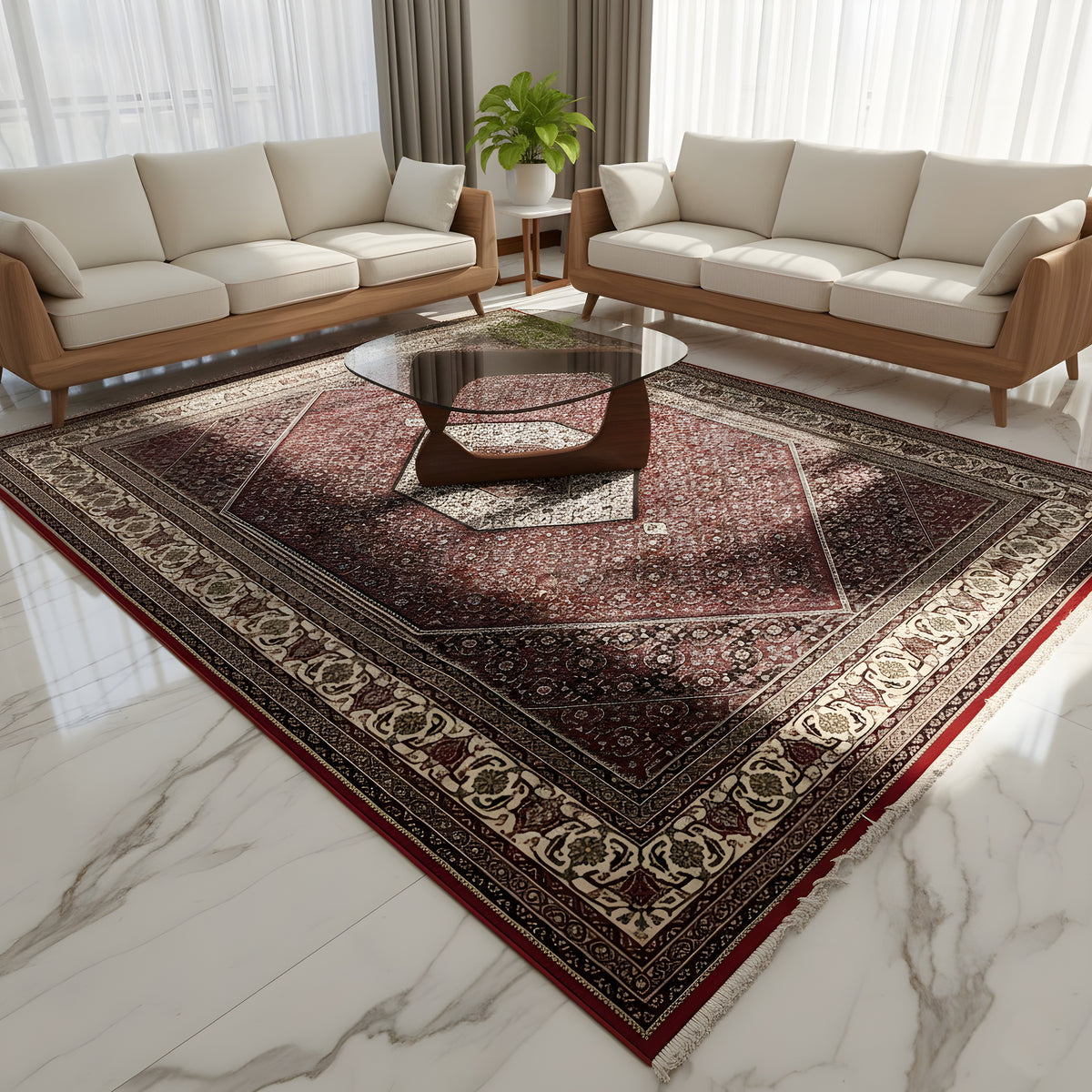 Bidjar rug on the floor with a red pattern, central medallion, and longitudinal borders