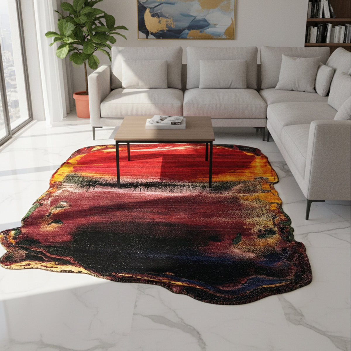 Designer rug in red-orange with dark color blocks, textured, wavy edges