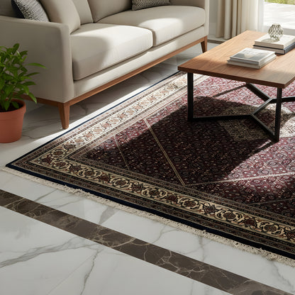 Rug in the living area, large ornamental panels and border in red and dark blue