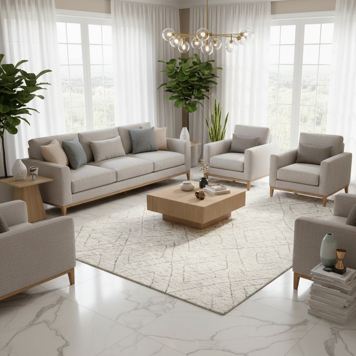 Berber rug with a geometric linear pattern in light beige and gray, shown in a living room setting