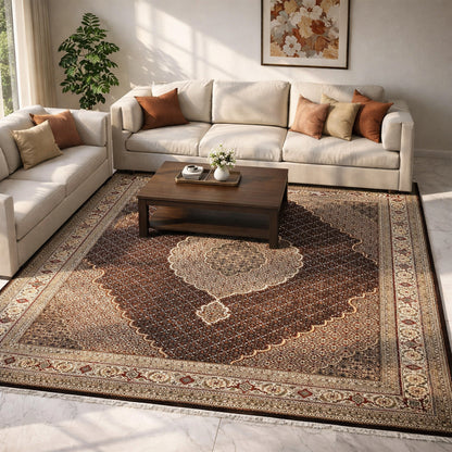 Dark brown carpet surface with a large cream medallion and decorative border