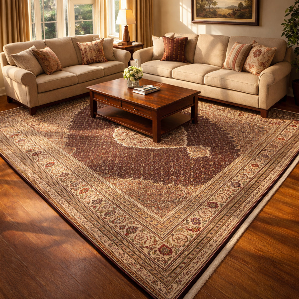 Oriental rug with a dark brown background, beige patterns, and multicolored borders