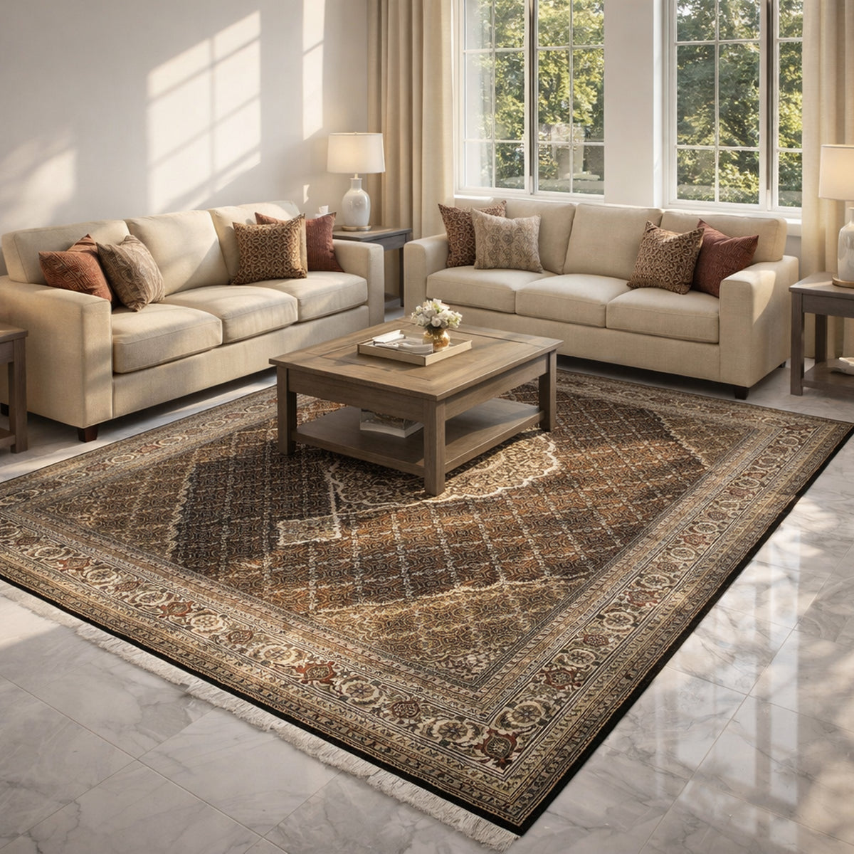 Brown Indo-Tabriz rug with a decorative pattern and border in the living area, fringes.