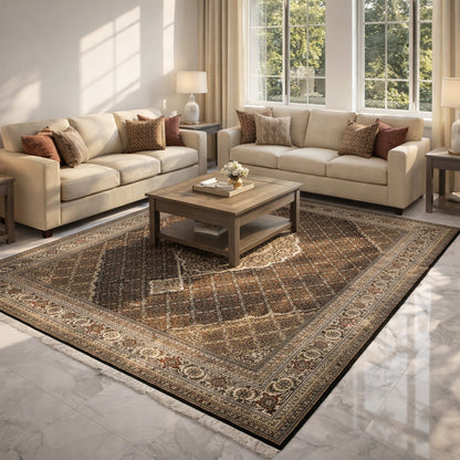 Brown Indo-Tabriz rug with a decorative pattern and border in the living area, fringes.