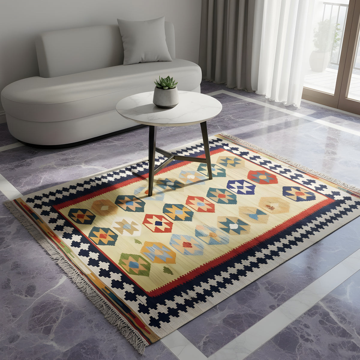 Kelim Qashqai rug in beige with a colorful geometric pattern and fringes, laid out in the room