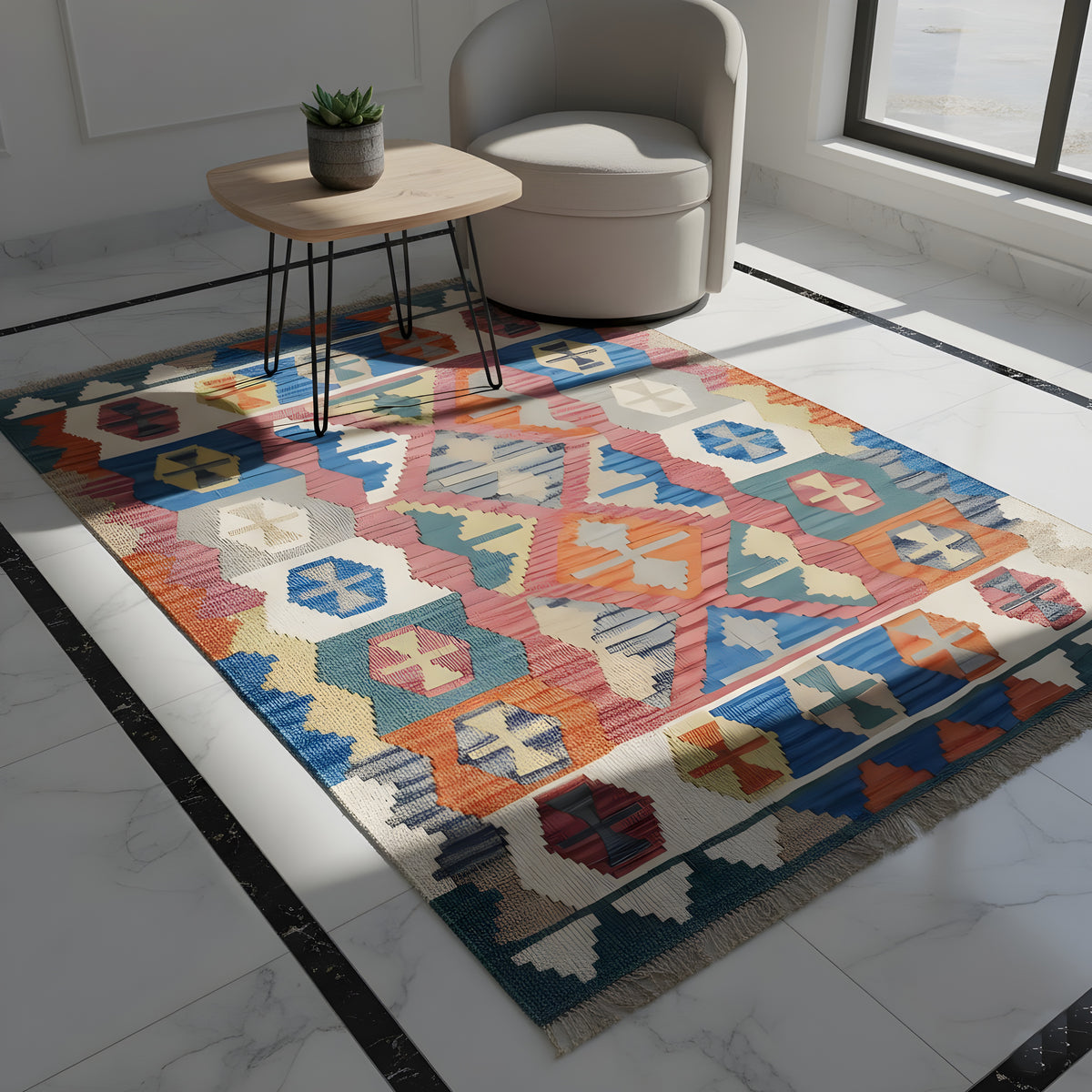 Qashqai rug with a colorful diamond and cross pattern, fringes along the edge