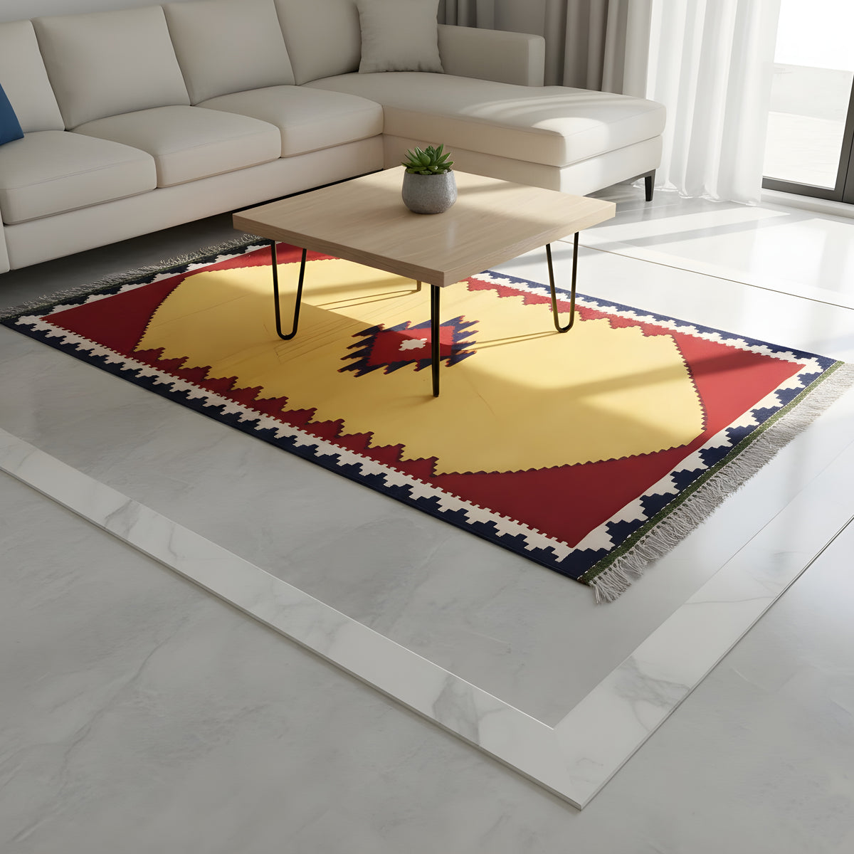 Kilim rug on a light-colored floor in front of a couch: yellow-and-red pattern with fringes