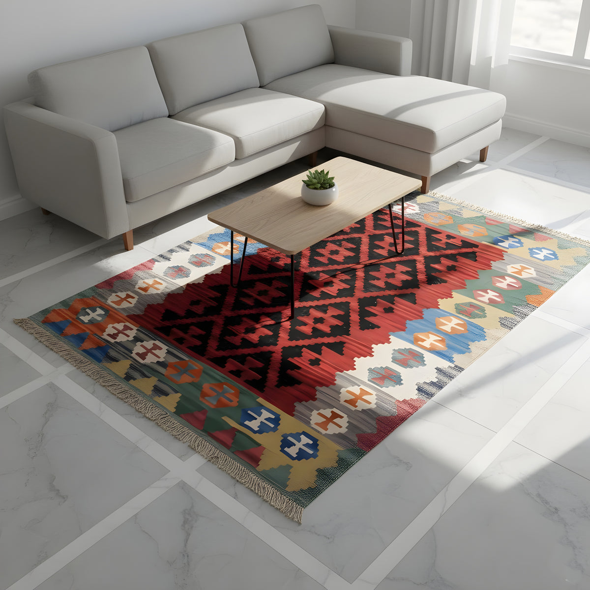 Kilim rug with a geometric border pattern in red, blue, green, and fringe