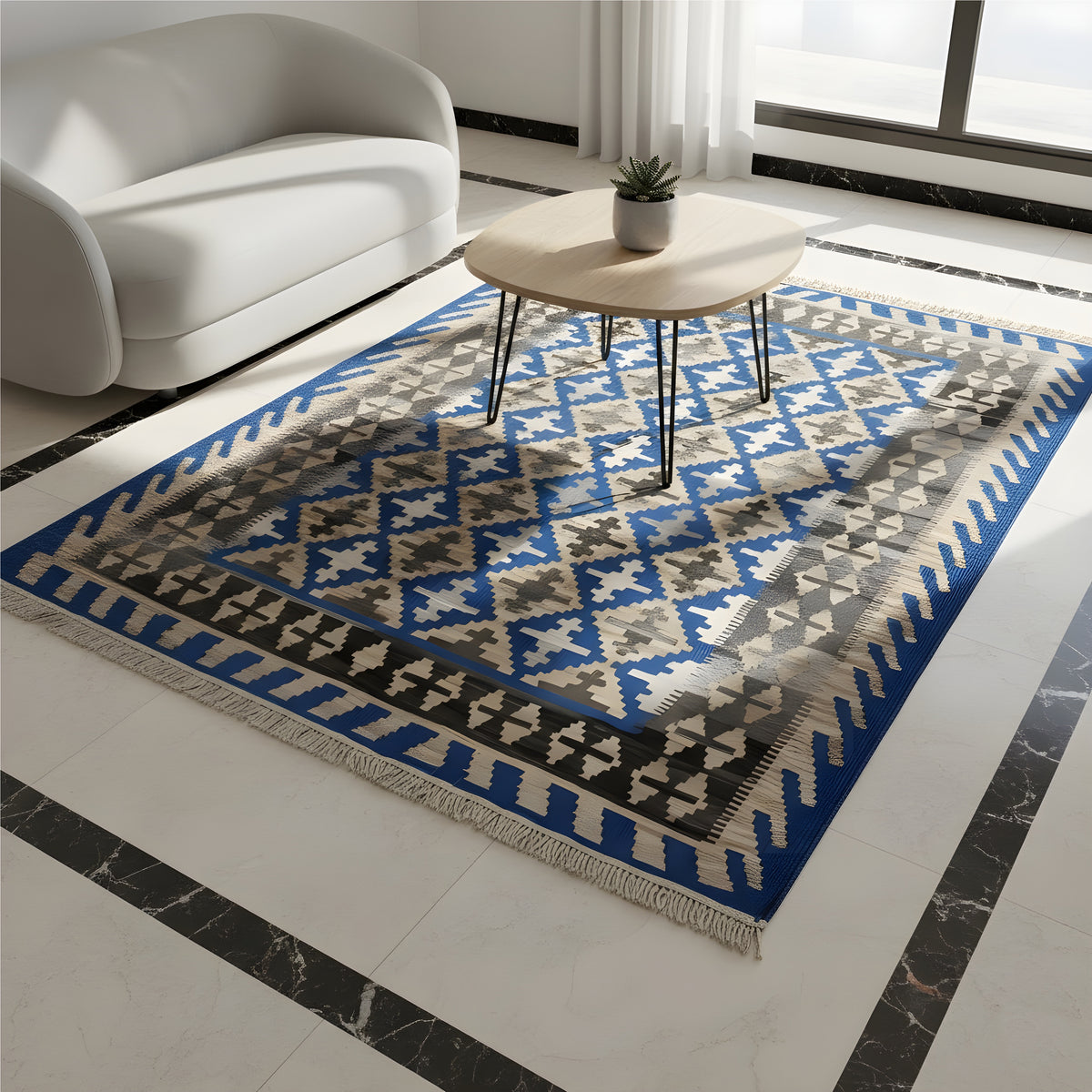 Kilim rug in a living room: rectangular blue and beige pattern, fringes all around