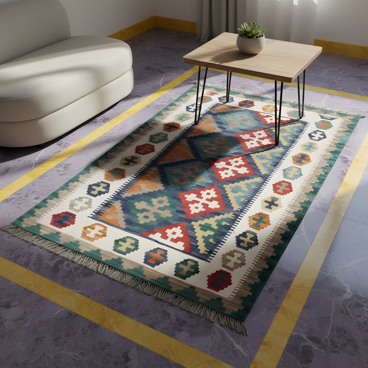 Kilim rug with a geometric pattern on a light gray background, with fringes