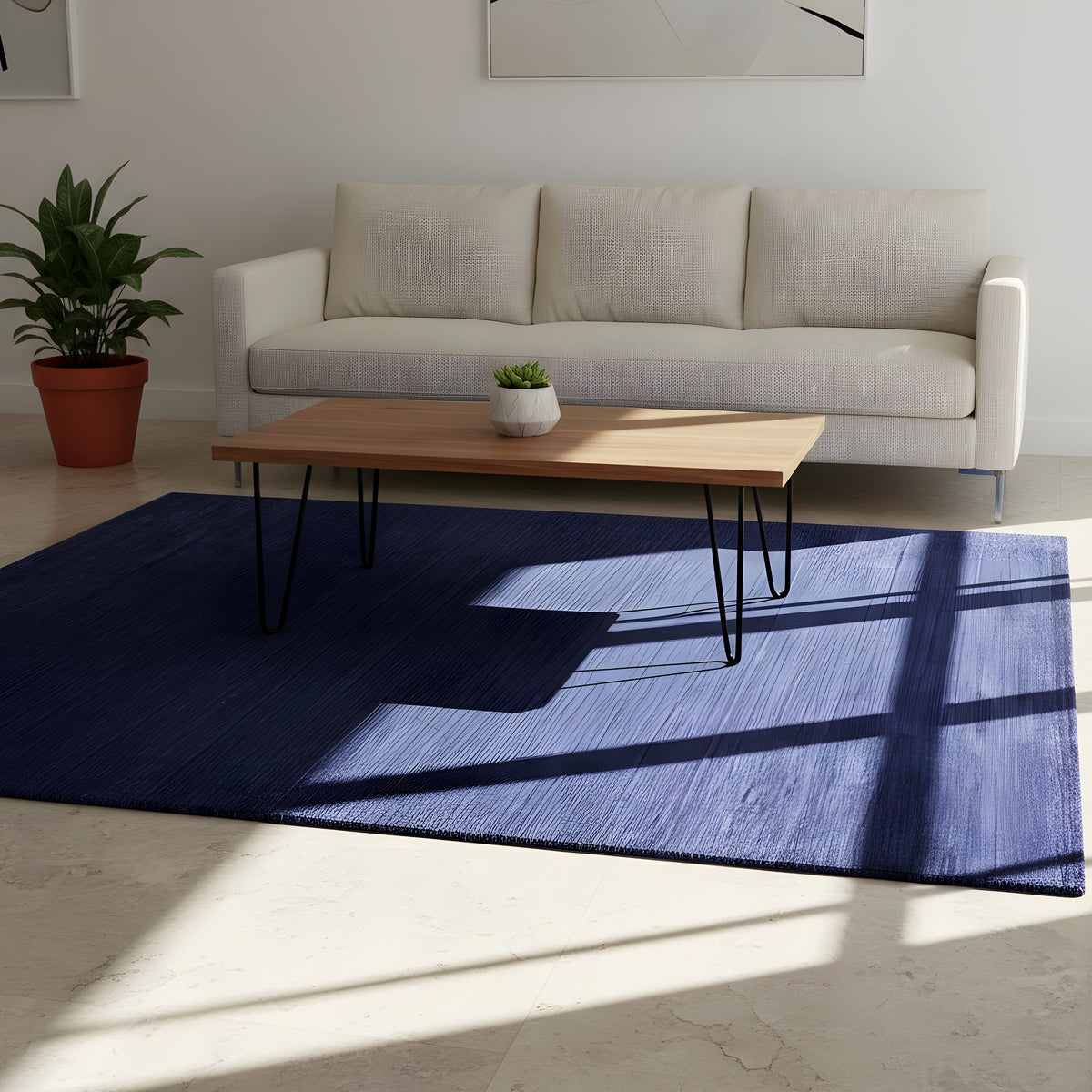 Rectangular blue rug with an abstract pattern and high-contrast areas.
