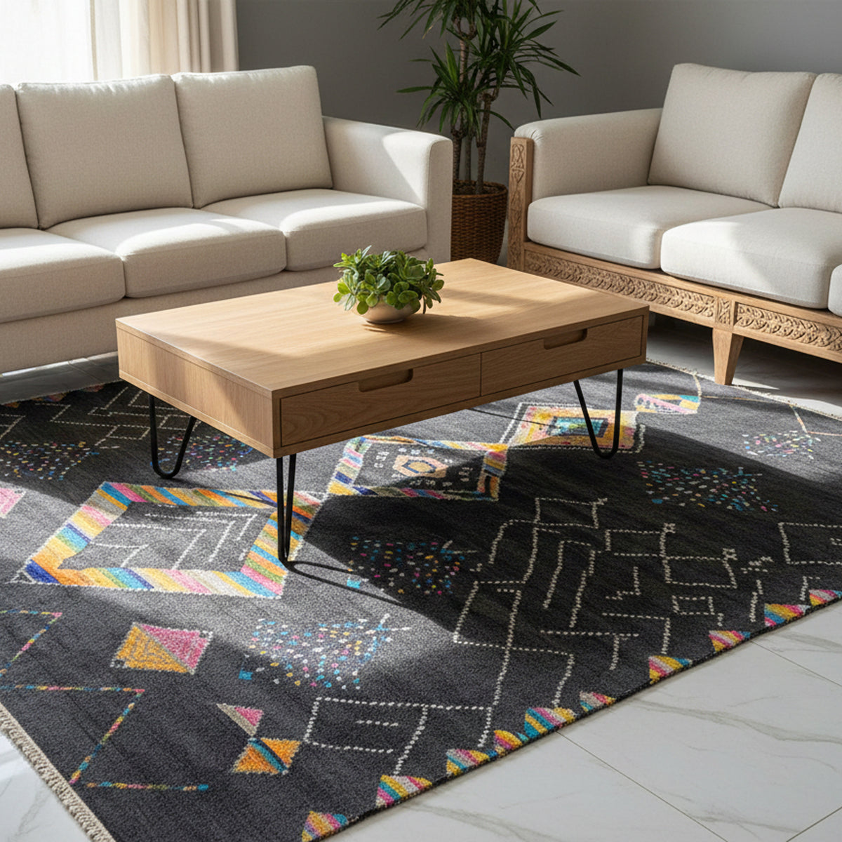 Black designer rug with colorful patterns in the living area beneath the coffee table