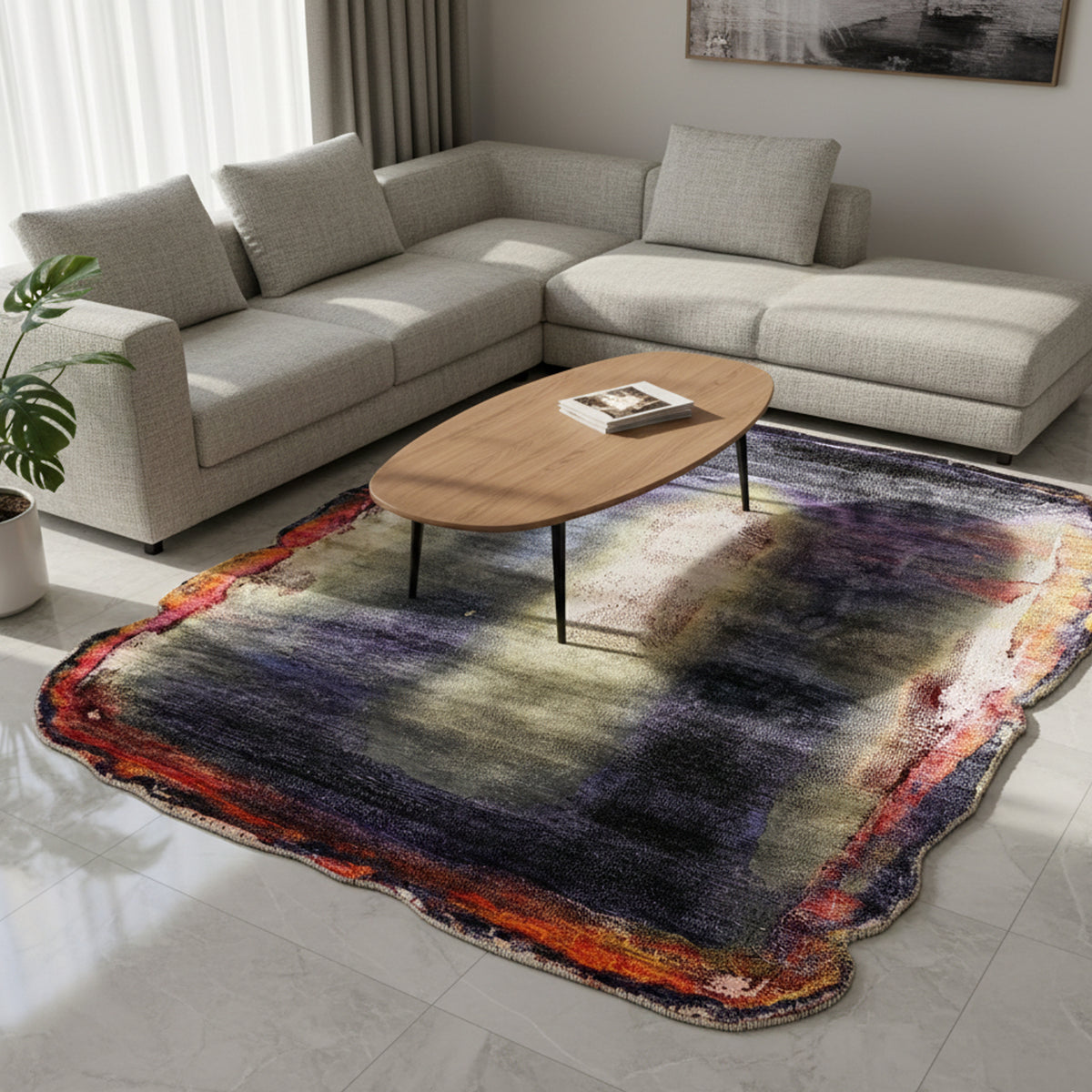 Designer rug in a living room style: abstract in purple, dark blue, cream, and orange, with rounded corners.