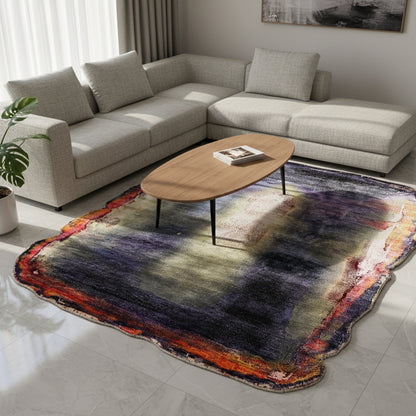 Designer rug in a living room style: abstract in purple, dark blue, cream, and orange, with rounded corners.