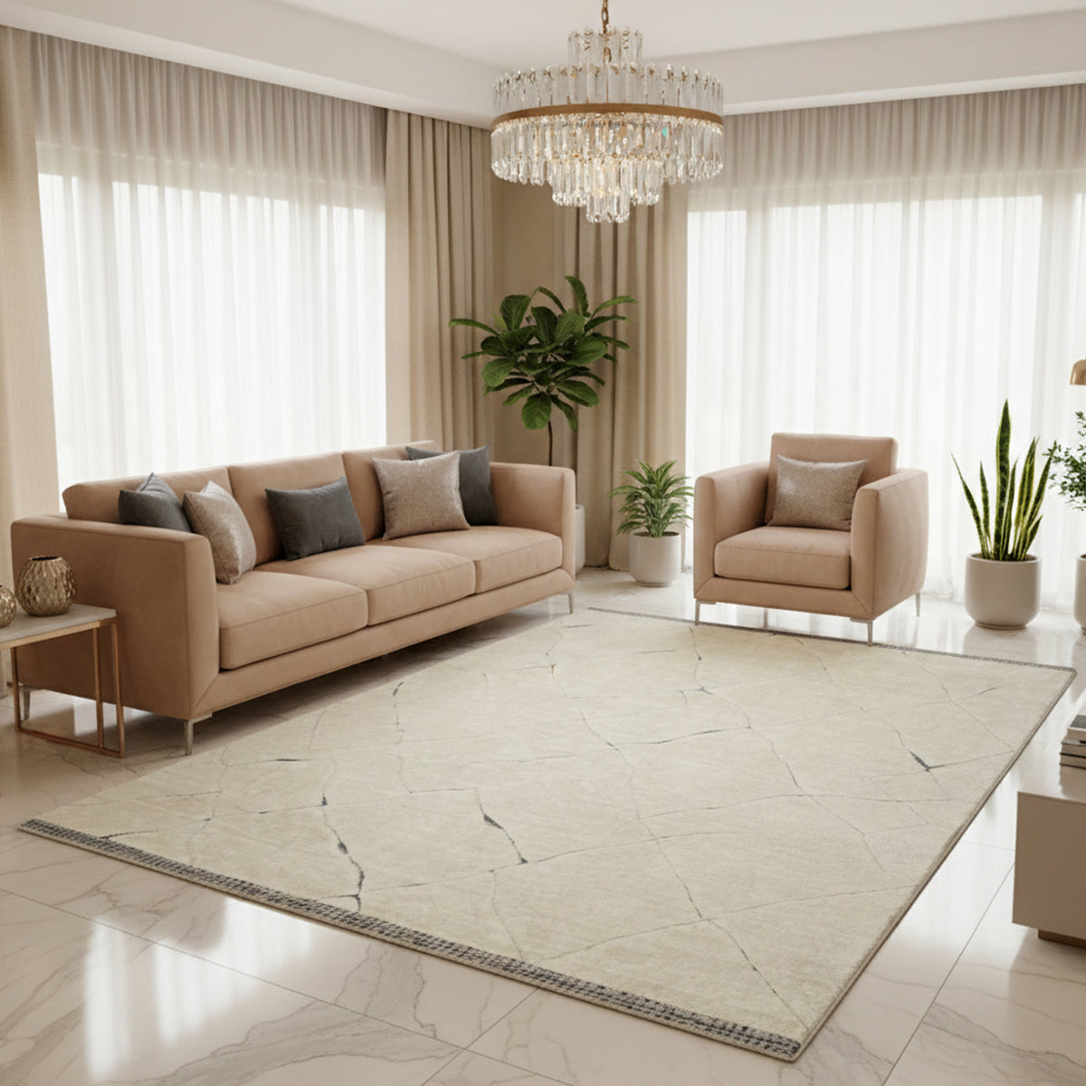 Cream-colored rug beneath furniture, with a blue border and linear pattern