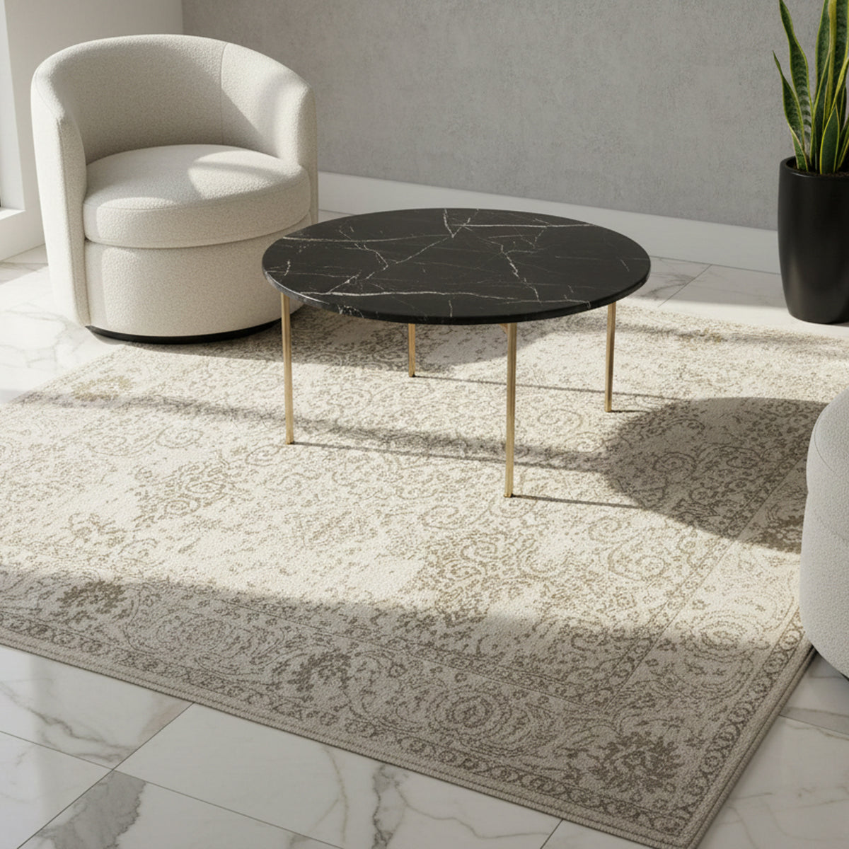 Designer rug 318×219 cm in light beige with a decorative vintage ornament on the surface