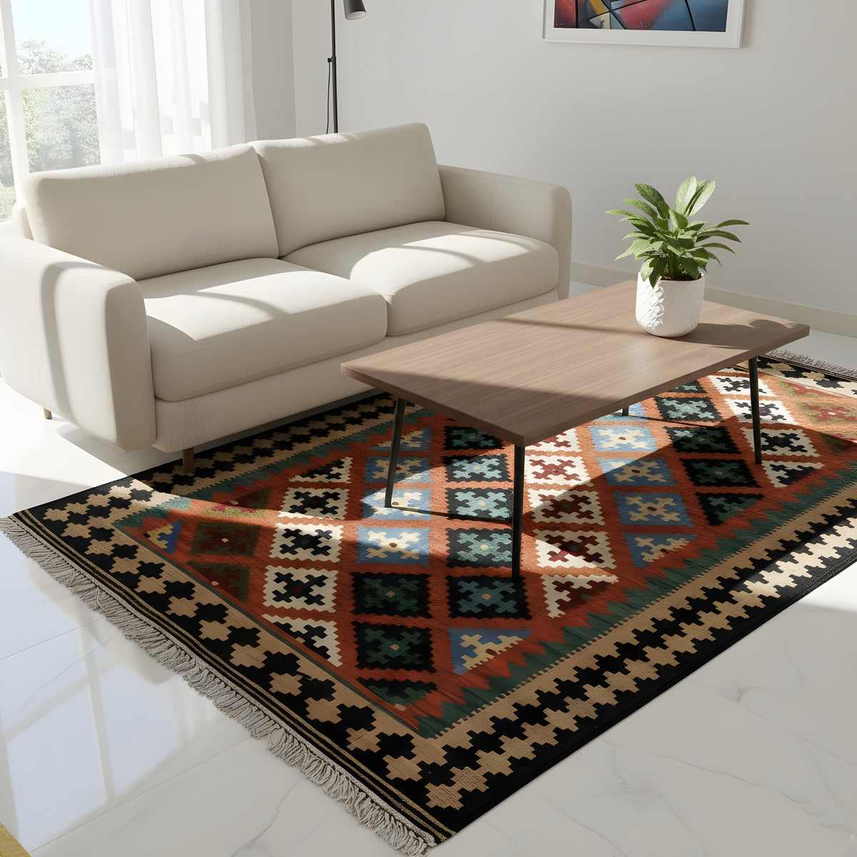 Rectangular kilim rug with a geometric pattern in orange, blue, green, and white, fringes