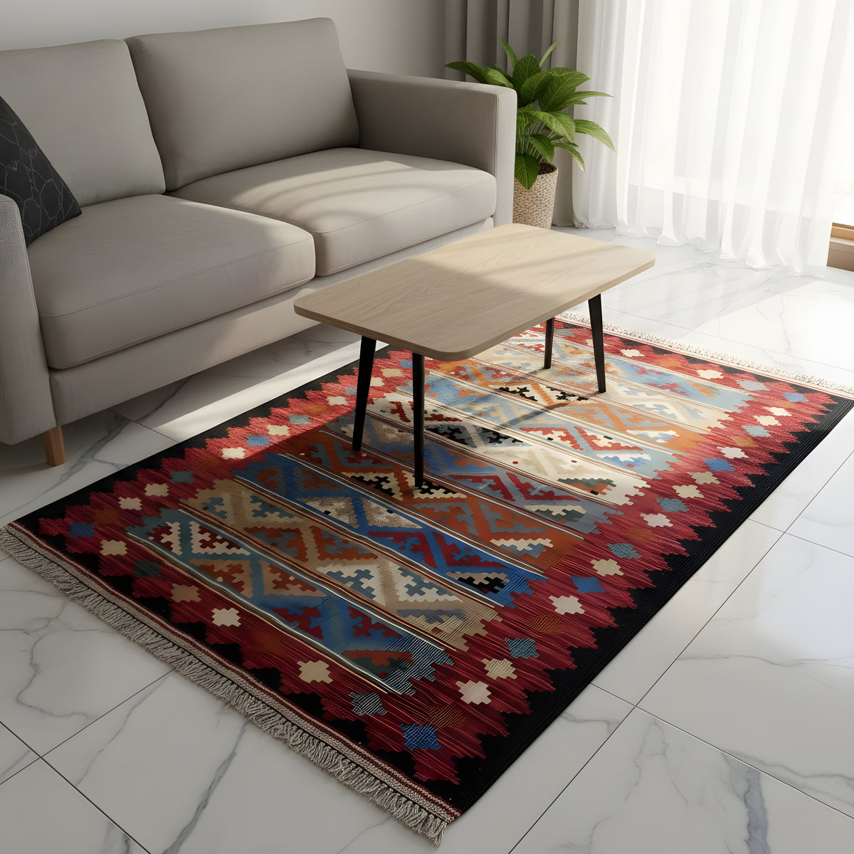 Kilim rug in the living area: geometric pattern in red and blue on a light background.