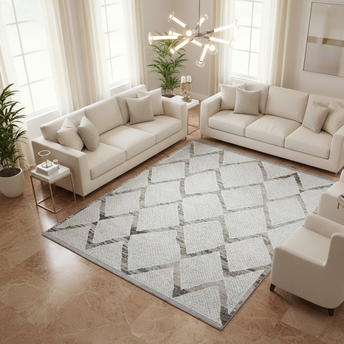 Berber rug with a large geometric cube pattern in light beige and gray tones