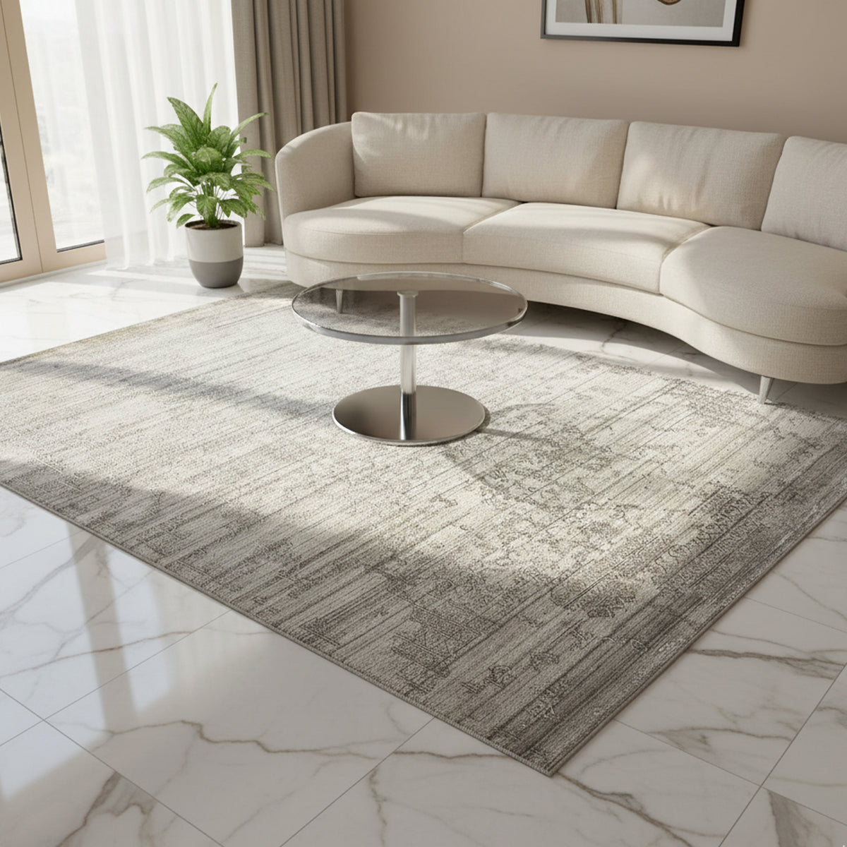 Gray designer rug in the living room, featuring an all-over vintage pattern and border line