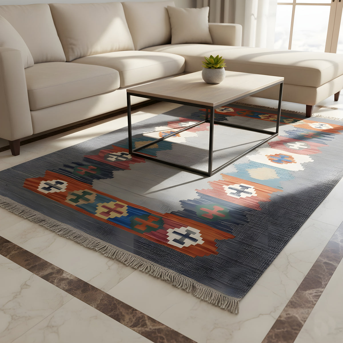 Gray kilim rug with colorful diamond borders, rectangular, with fringes
