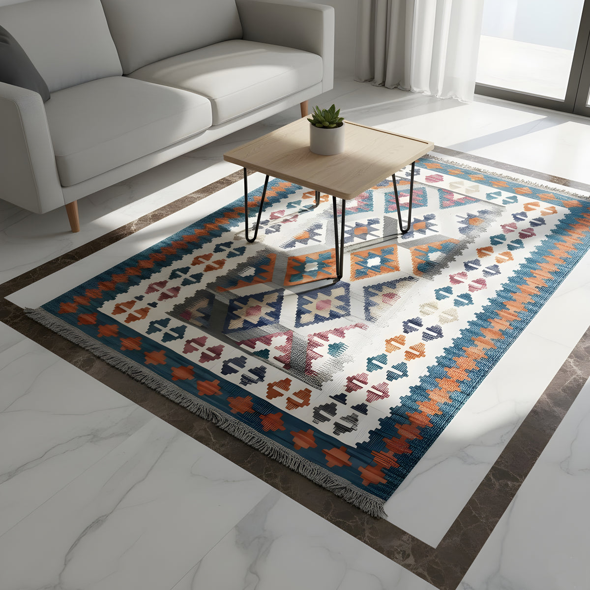 Kilim rug for the living area with geometric patterns in blue, orange, and cream, fringes