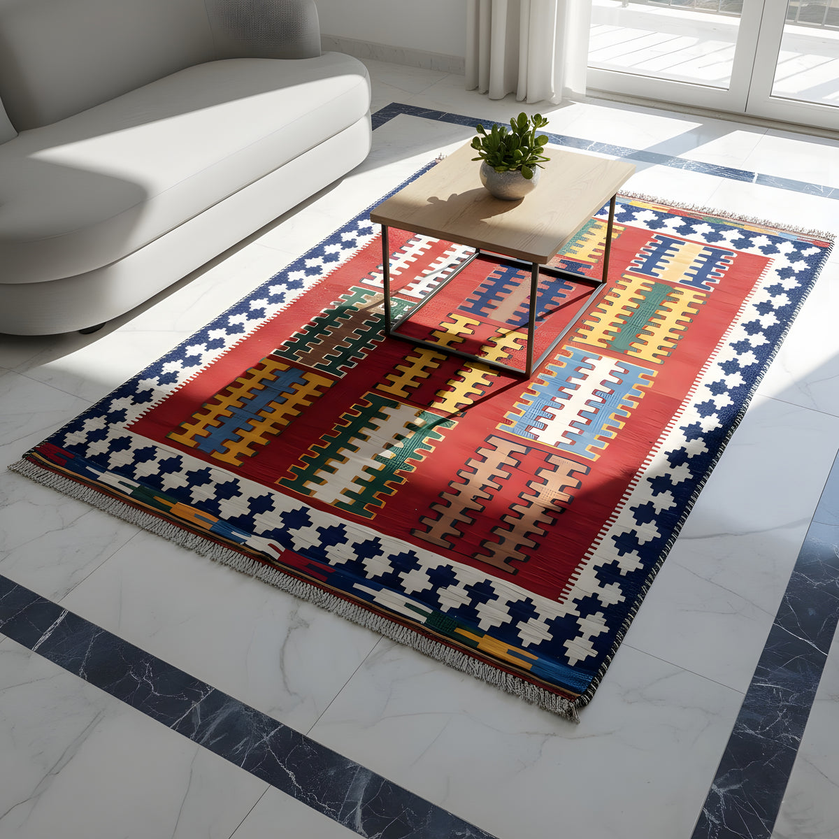 Kilim rug with a red pattern and blue-and-white border, laid on a light-colored floor in the living area