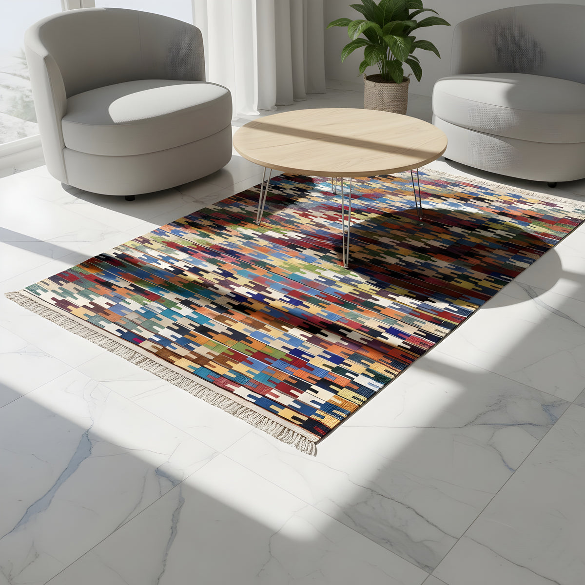 Kilim Qashqai rug: colorful grid pattern, fringes along the edge, spread out over a large area