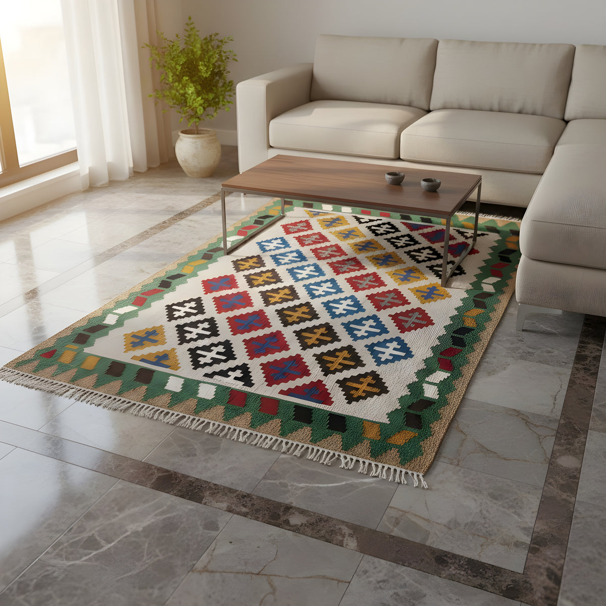 Kelim Qashqai rug 147x95 cm on the floor with a colorful diamond pattern and fringes