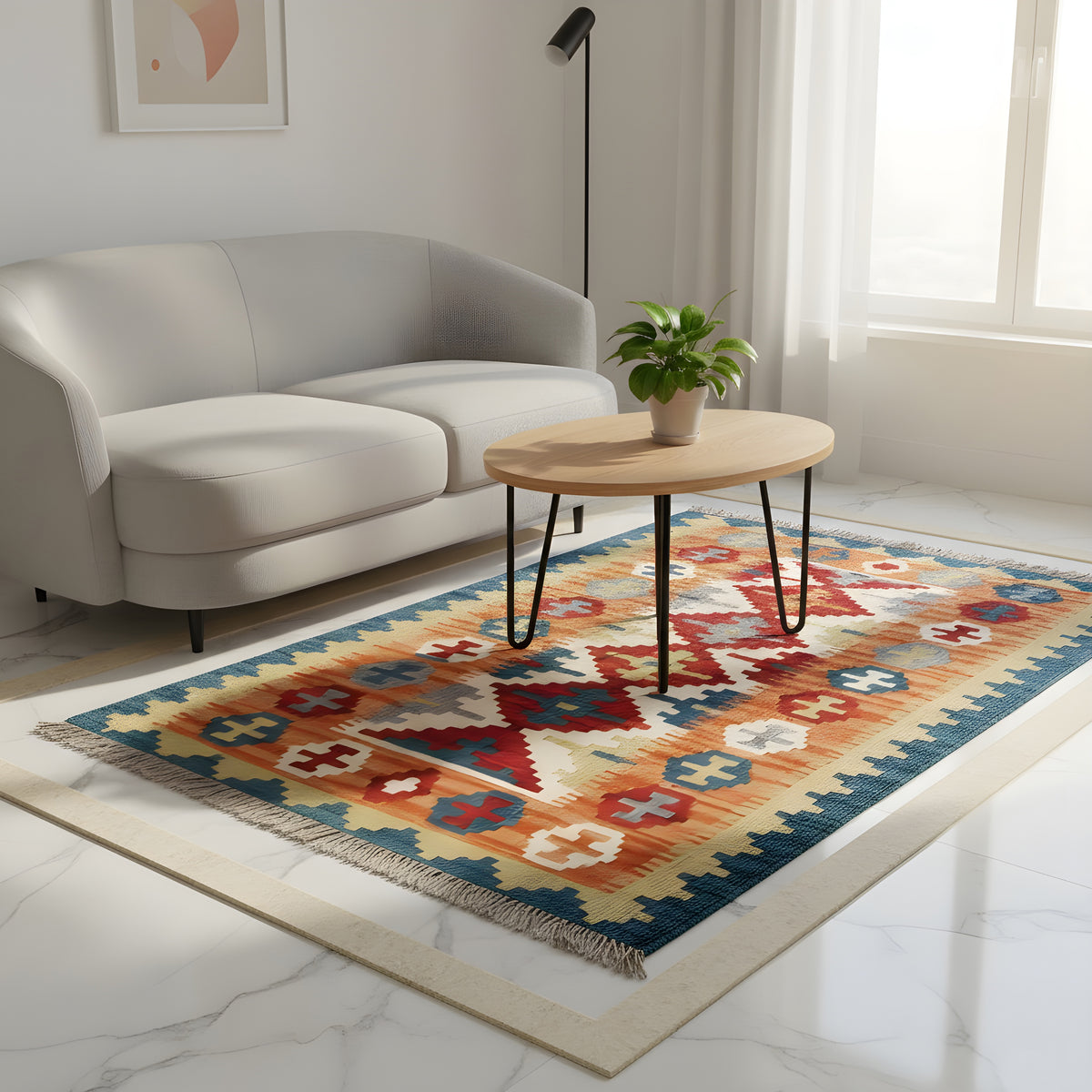 Qashqai kilim rug in a living room, geometric pattern in blue, orange, and cream