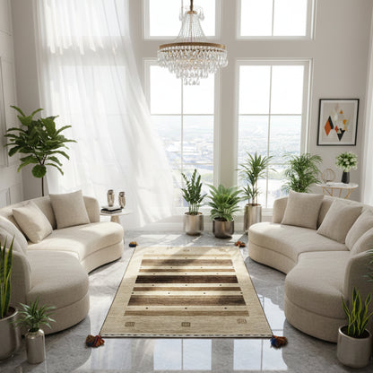 Gabbeh rug 120×68 cm in the living area: beige runner with dark stripes