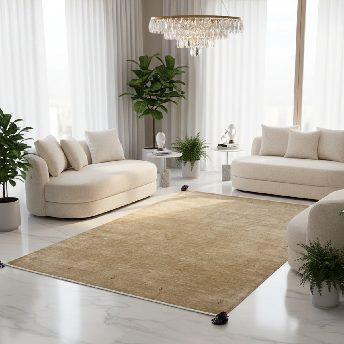 Light brown Gabbeh rug with a white border and blue tassels, spread out over a large area