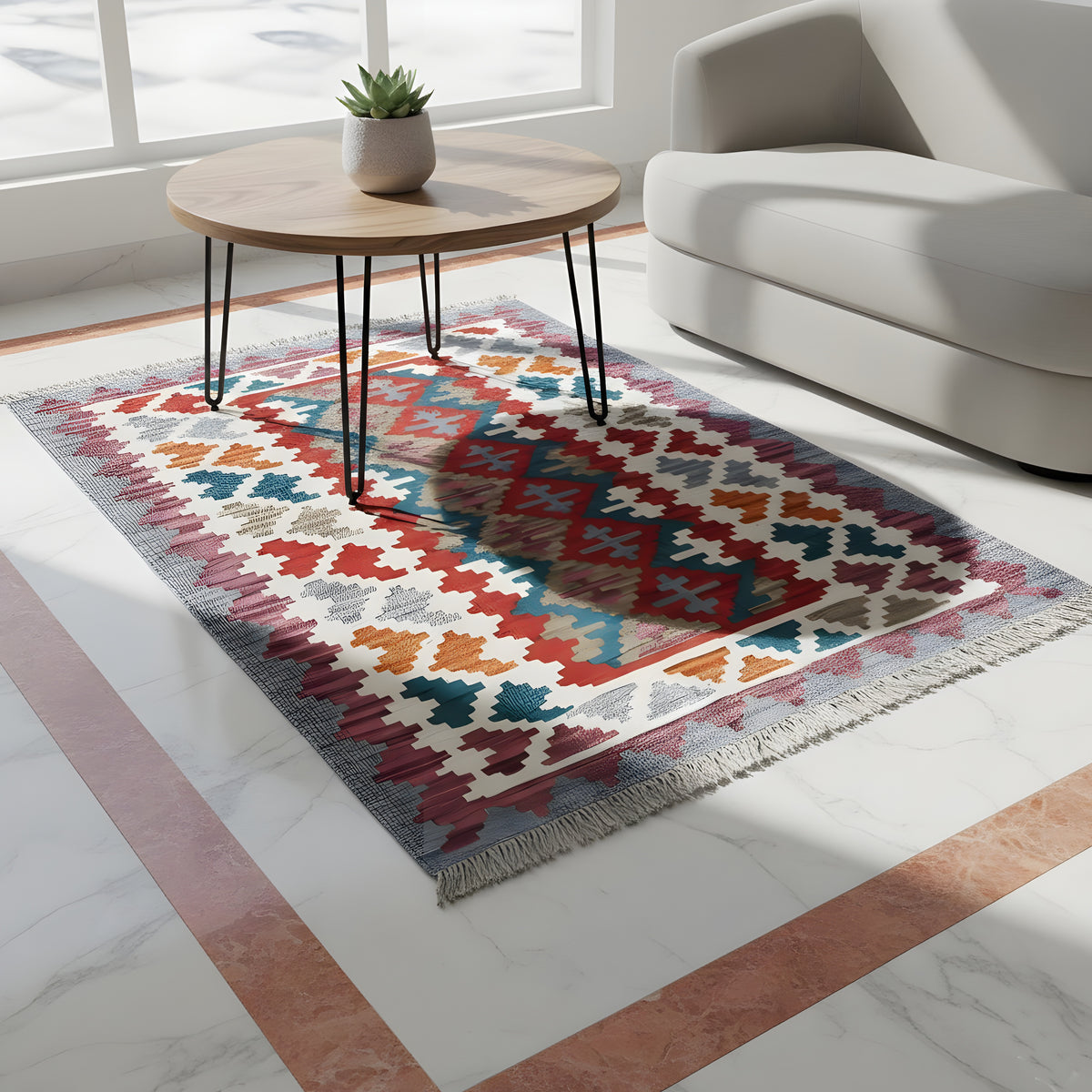 Colorful rectangular kilim rug, geometric pattern with fringes on a light background