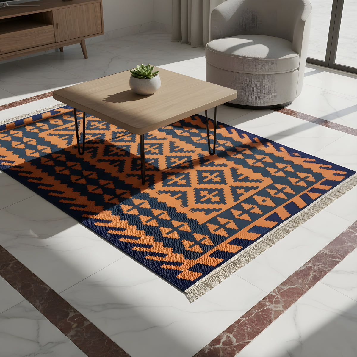 Kilim rug on the floor with geometric patterns in orange and dark blue