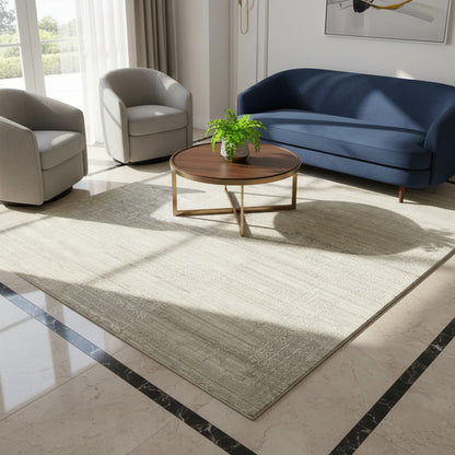 Beige rug in the living area with an abstract textured pattern and subtle accents