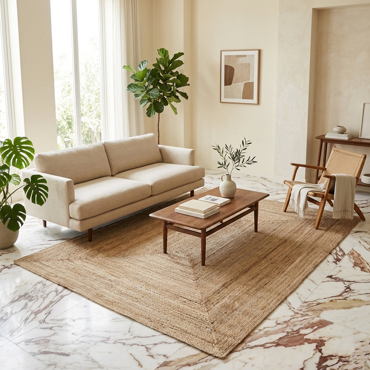 Rectangular jute rug, natural color, 200x290 cm