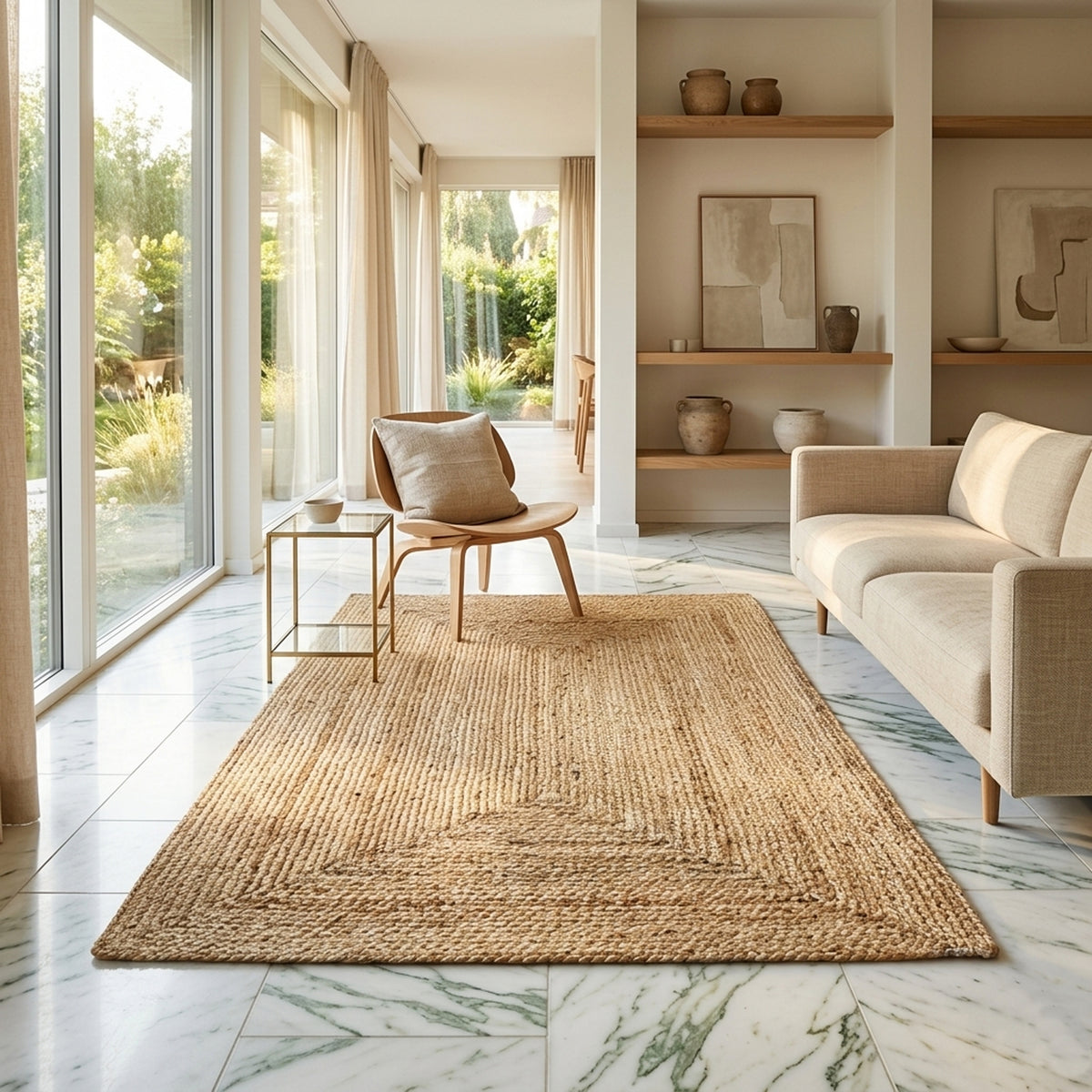 Rectangular jute rug in boho style, natural color, approx. 80x150 cm