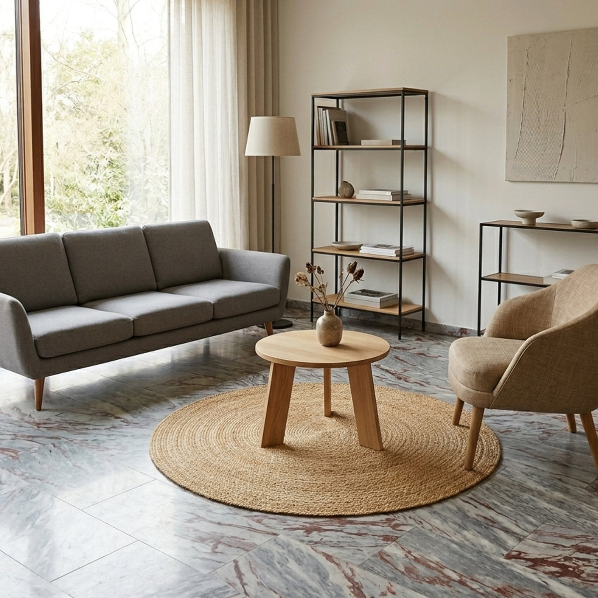 Round beige jute rug, handwoven, on the living room floor