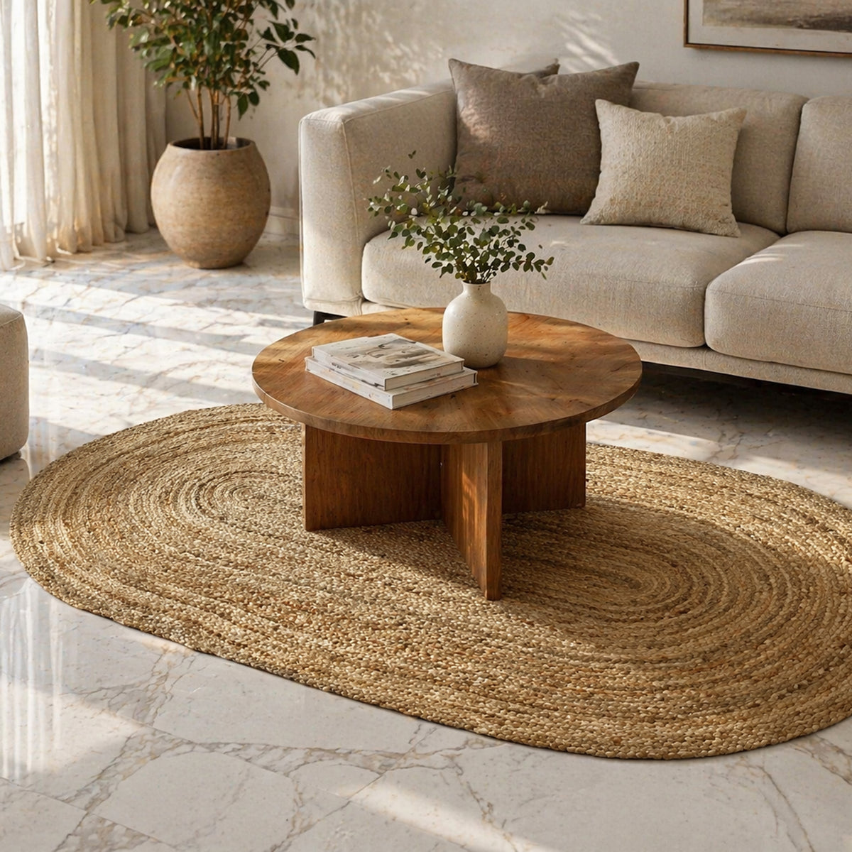 Oval jute rug with a spiral braided texture, 80x150 cm