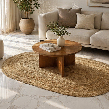 Oval jute rug with a spiral braided texture, 80x150 cm