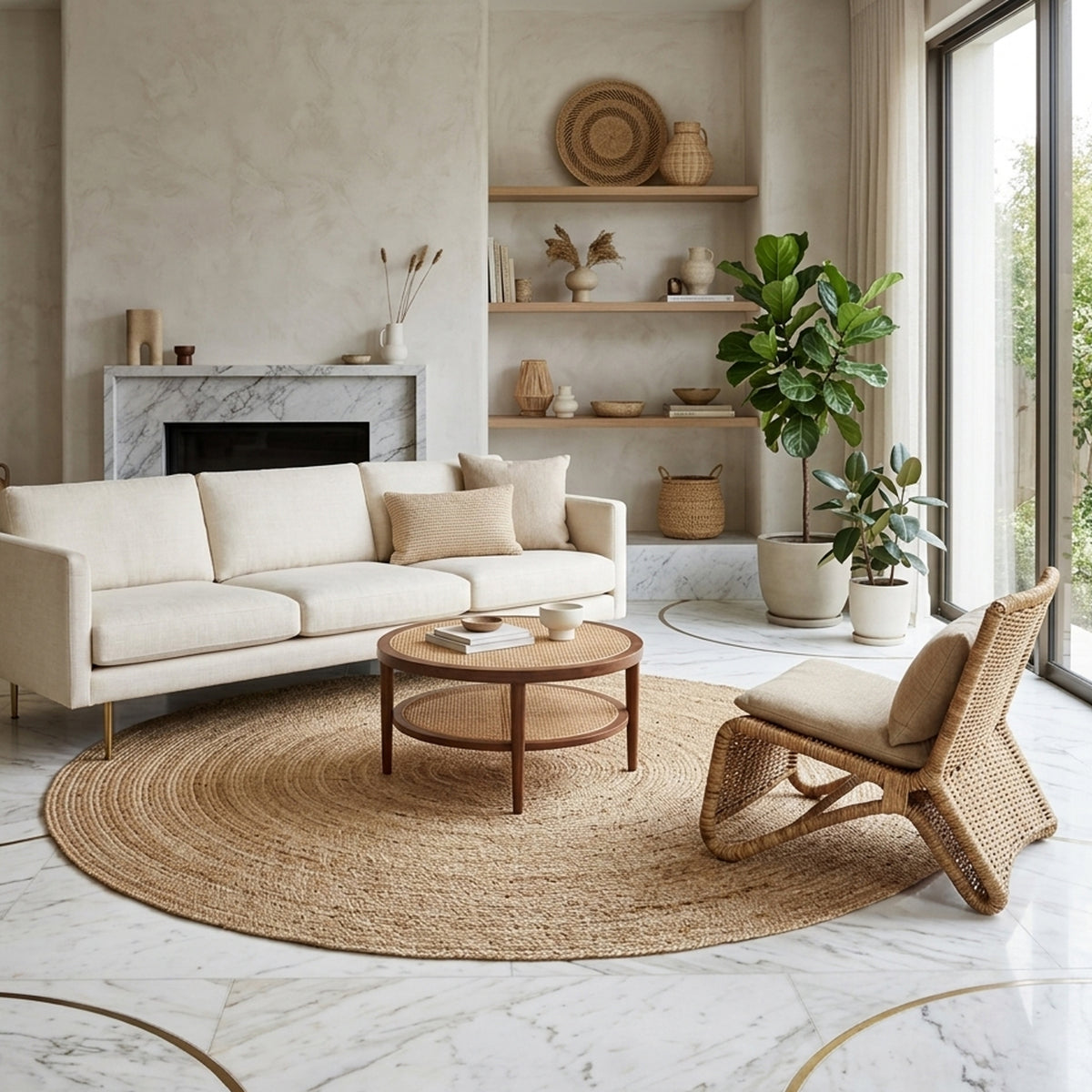 Jute rug (170x170 cm) in natural color with a coarse woven texture