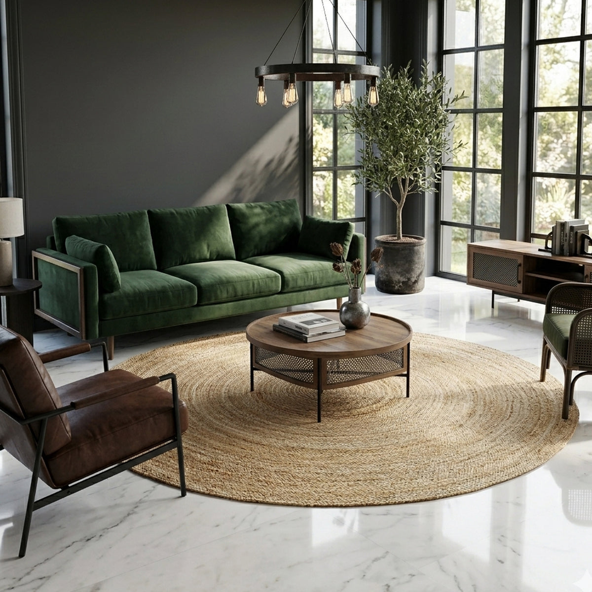 Round natural-colored braided jute rug