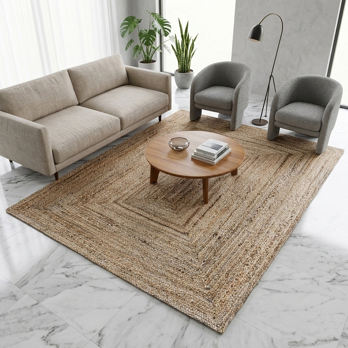 Jute rug 120x170 cm, rectangular, woven pattern, natural brown