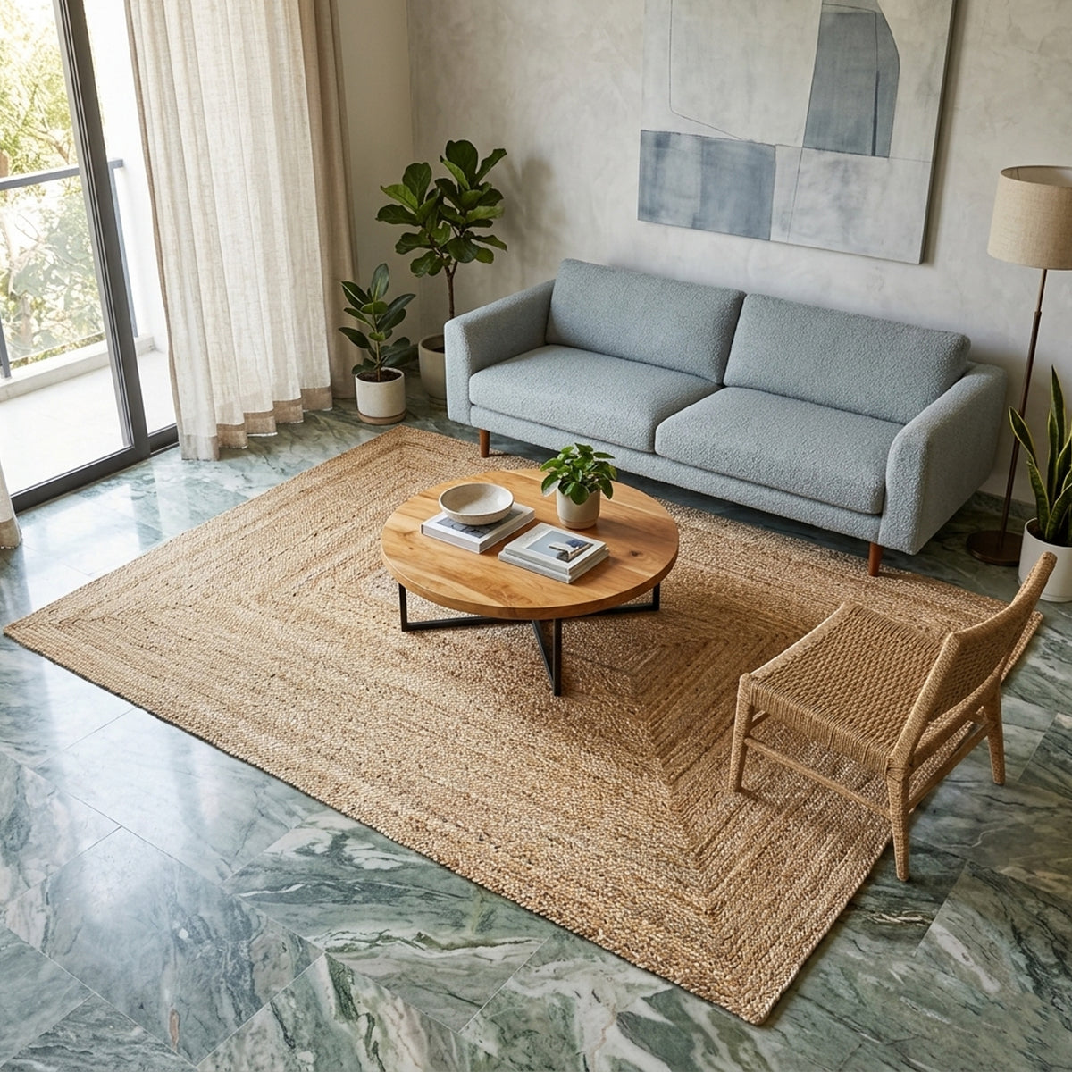 Natural-colored rectangular jute rug with a coarse woven texture, approx. 140x200 cm