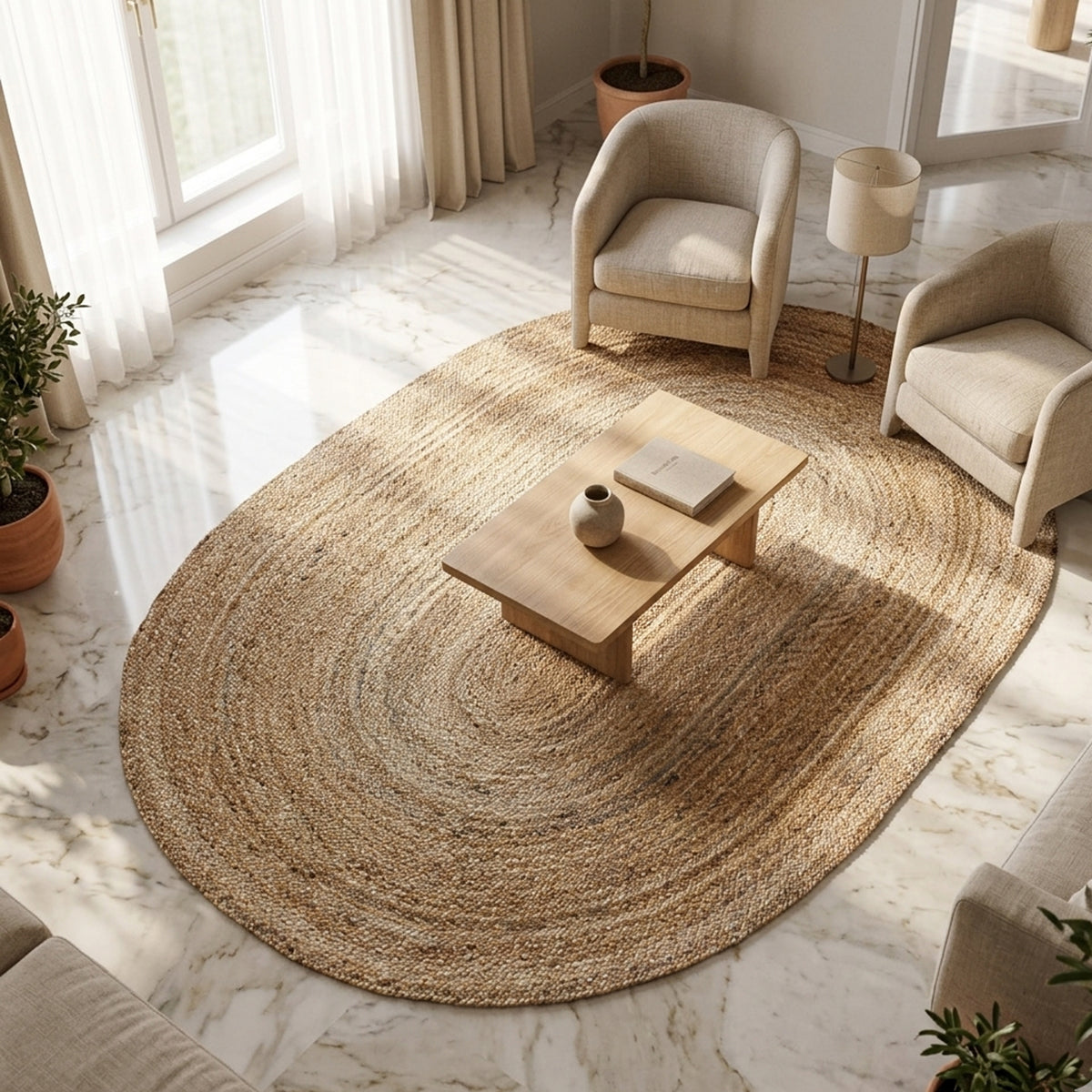 Jute rug, oval, 140x200 cm, natural-colored, coarsely woven