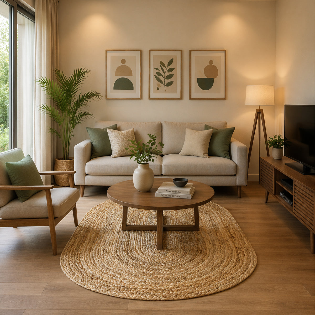 Round jute rug with a spiral weave pattern in natural tones