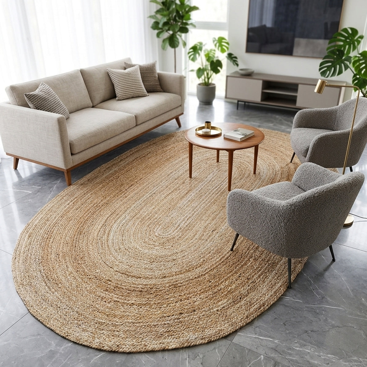 Natural-fiber jute rug, round-woven, 160x230 cm